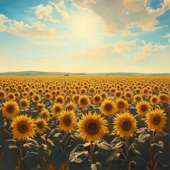 Obraz premium A field of sunflowers reaching toward the sun on a cloudless summer day 