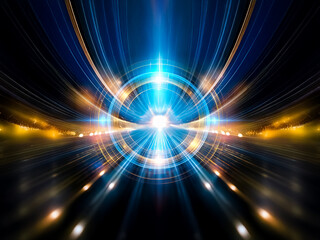 Glowing concentric circles of gold and blue radiate light, creating a futuristic, abstract design against a black background.  The central void is emphasized by the bright, vibrant energy surrounding 