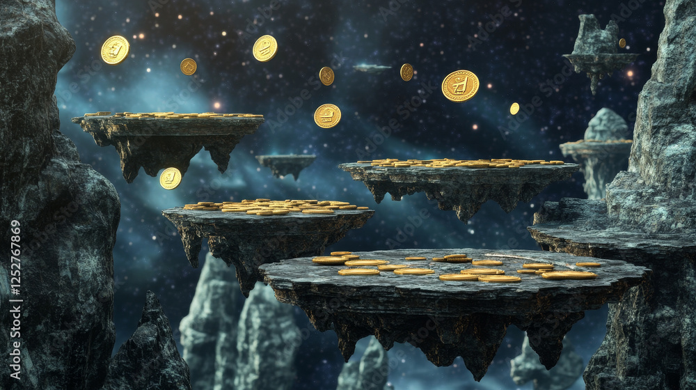 Poster flying rock islands vector game space background landscape. cartoon planet in galaxy for arcade vide