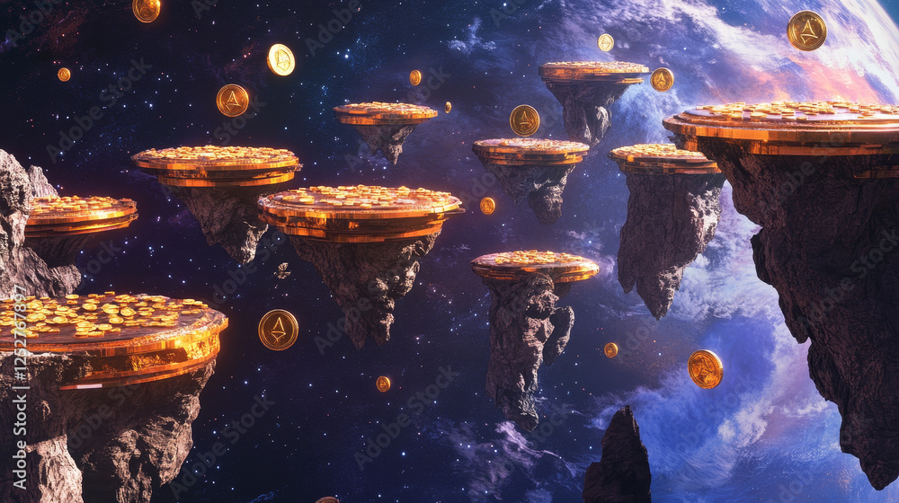 Poster flying rock islands vector game space background landscape. cartoon planet in galaxy for arcade vide