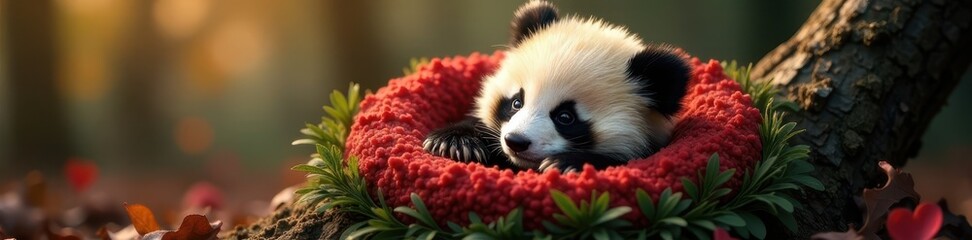Fototapeta premium Adorable panda snuggled in a heart-shaped nest, cute bear, valentine's day illustrations