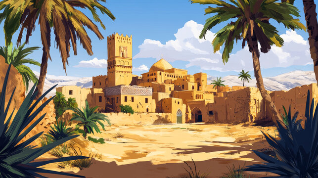Ancient arab city with market and palace in desert. Vector cartoon illustration of sandy area with traditional yellow houses, antique castle, islamic mosque buildings, palms. Travel game background