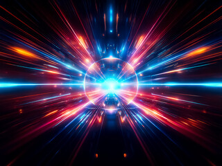 Obraz premium Vibrant light bursts from a central point, radiating outward with streaks of blue and orange. Abstract energy streams illuminate the dark background, creating a dynamic and futuristic effect.
