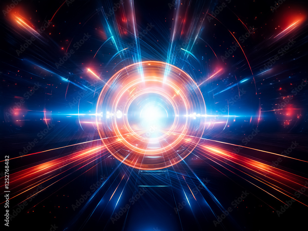 Poster a vibrant abstract design with a central glowing circle, radiating blue and orange light streaks cre