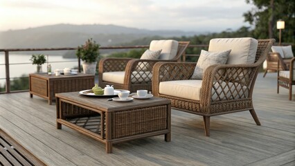 Obraz premium Luxurious wooden deck furniture with wicker armchairs and coffee tables, outdoor furniture, coastal style, luxury wood furniture