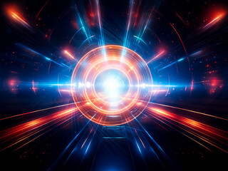 Fototapeta premium A vibrant abstract design with a central glowing circle, radiating blue and orange light streaks creating a dynamic, futuristic, and energetic visual.