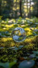 Reflection of nature in a glass sphere resting on moss during daylight