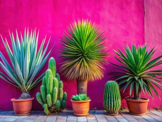 Desert Landscape: Majestic Yucca and Cactus Against Vibrant Pink Wall