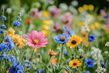 Fototapeta premium Colorful wildflowers blooming in a vibrant meadow during springtime