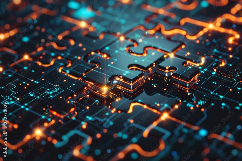 Poster connecting puzzle pieces to form a blockchain structure showcasing digital elements in a futuristic 