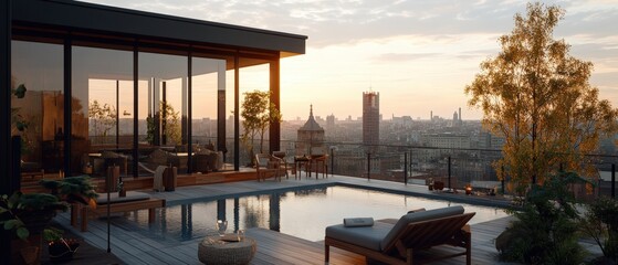 Fototapeta premium Rooftop view of a city skyline with a luxurious pool terrace overlooking urban landscape