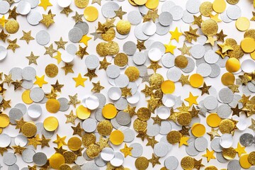 Gold & Silver Glitter Confetti Paper Cutouts on White Background - Minimalist Stock Photo