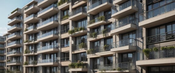 Obraz premium Modern residential building facade with balconies, glass doors, urban garden