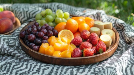 Fototapeta premium Vibrant Fruit Medley, A Colorful Symphony of Flavors on Wooden Tray Outdoors