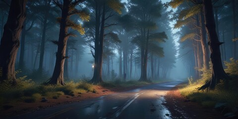 Moonlit forest road winding through tall trees, solitary path, nature trail, night drive
