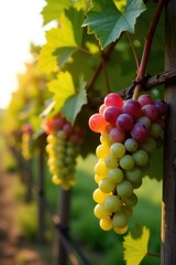 Fototapeta premium Morning sun casts a warm glow on bunches of green and red grapes suspended from a rustic wooden trellis, hanging vines, landscape, rustic