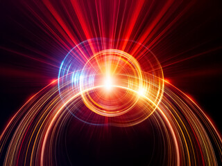 Obraz premium Abstract image with vibrant glowing circles and dynamic lines of red, orange, and blue. Radiant light emanates from the center against a dark backdrop.