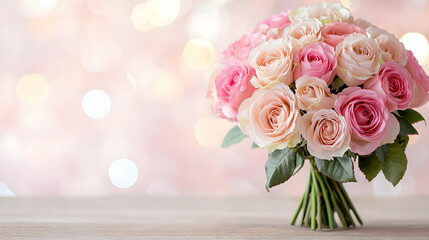 Obraz premium Pink rose bouquet, wooden table, bokeh background; romantic gift