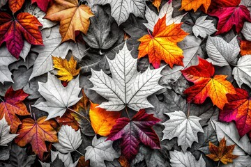 Fototapeta premium Minimalist Black and White Scattered Autumn Leaves Photography