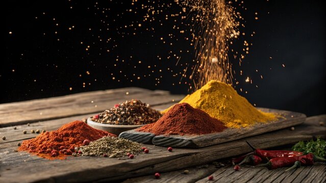 Spice Up Your Senses: A vibrant collection of spices and herbs - paprika, turmeric, black peppercorns, and more -  explode in a dramatic display on a rustic wooden surface.