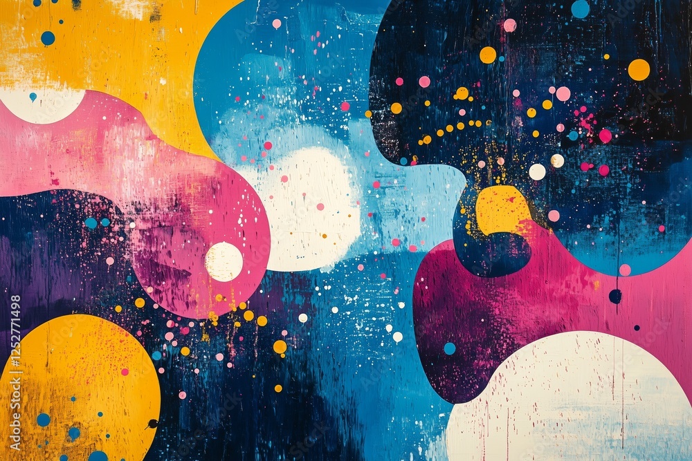 Poster colorful abstract art with vibrant shapes and patterns in mixed media on canvas