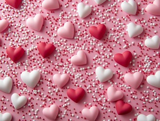 Pink Hearts Background with Confetti and Romantic Design for Valentine's Day