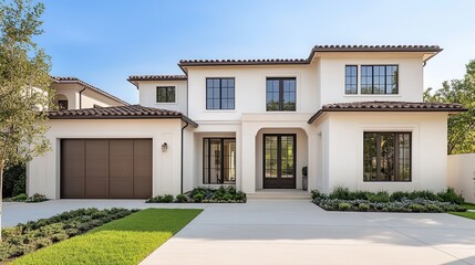 A modern two-story house with a stylish facade, featuring a spacious driveway, lush greenery, and a combination of windows and decorative elements.