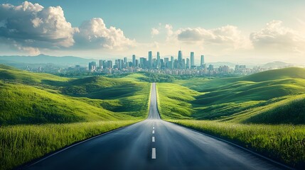 Fototapeta premium Futuristic Cityscape Surrounded by Lush Green Hills and Smooth Roadway Towards the Horizon