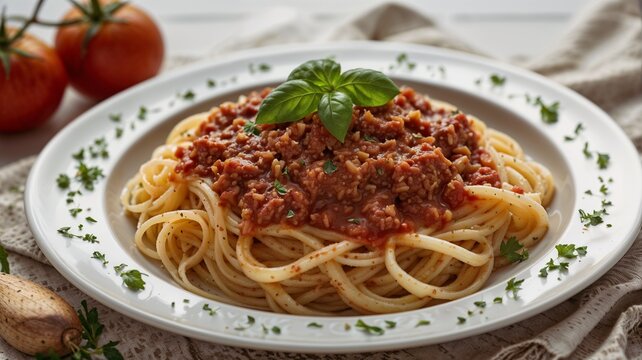 Spaghetti meat sauce , lunce time food image.