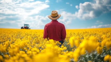 Fototapeta premium Farmer inspecting rapeseed crop with distant tractor under sunny blue sky, embodying agricultural success and countryside tranquility