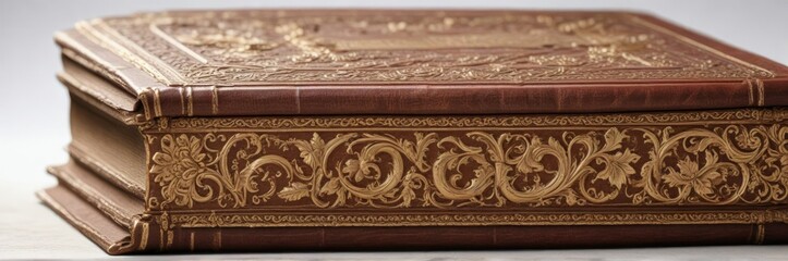 Old leather-bound book with intricate gold tooling on white background, vintage, antique, page