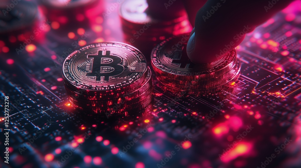 Poster digital currency trends with glowing bitcoin coins on a circuit-like background