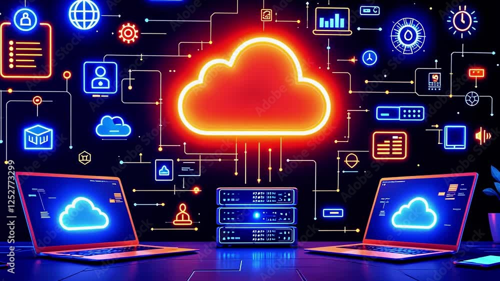 Poster vibrant digital cloud computing scene featuring laptops and servers connected through colorful icons