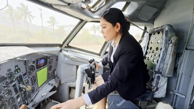 Female seated in cockpit inspired to command an airplane