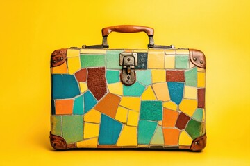 Vintage suitcase adorned with colorful mosaic tiles stands on yellow