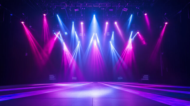 Blue laser light beam stage background for club. Led spotlight show for dance music event. Nightclub lazer rays from strobe for stadium or theater. Abstract realistic bright flash performance bg