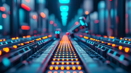 A futuristic view of a data center with illuminated circuitry, showcasing vibrant blue and orange lights along a pathway of servers and technology.
