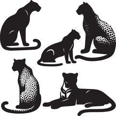 African leopard silhouette set, African leopard resting poses vector, African leopard wild animal clipart, endangered leopard species silhouette,  © Fiza