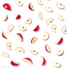 Red apple slices falling on white background, food photography for recipe or blog