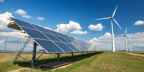  Solar panels and wind turbines working together on a grassy field under a bright blue sky, producing clean renewable energy