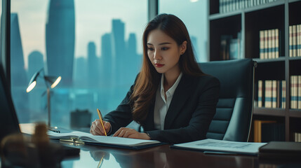 A confident female CEO sits in a high-end executive office, wearing an elegant business suit. He sat behind a polished wooden desk, reviewing important documents with a gold pen in hand.
