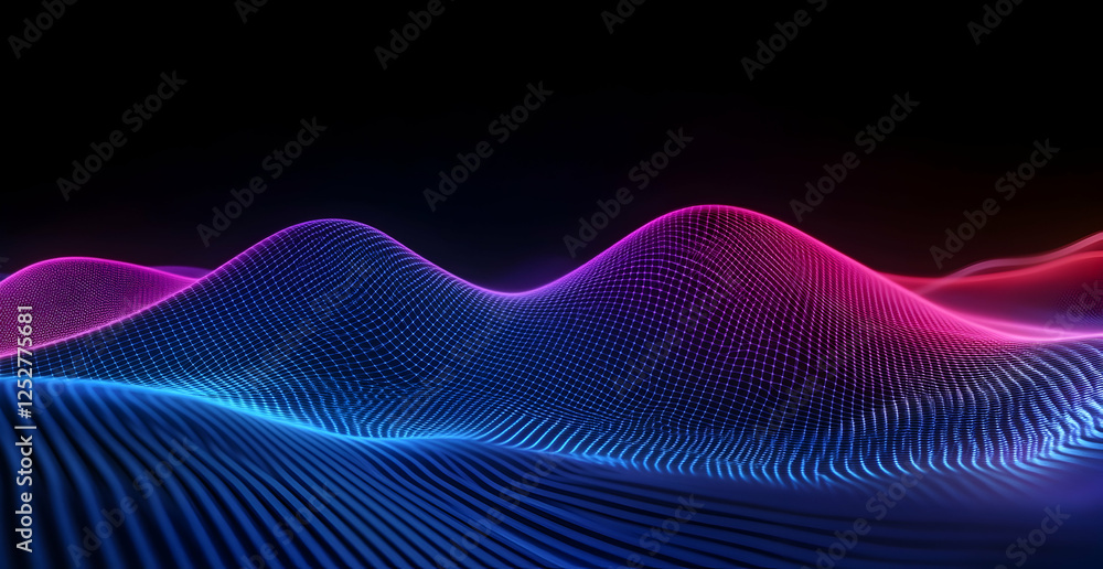 Poster abstract futuristic background with blue and pink glowing low-poly wireframe mesh lines on a dark bl