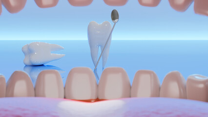 Dental care hygiene, Oral dentistry health, Molar teeth and dentist tools on blue background. 3d render. 