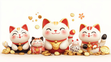 Maneki-neko lucky cats set isolated on transparent background. Vector realistic illustration of cute ceramic beckoning kitty toys with nice smile, golden coins, traditional asian mascot, wealth symbol
