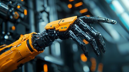 A close-up view of a robotic hand with intricate mechanical details and a vibrant orange color, showcasing advanced technology in robotics.