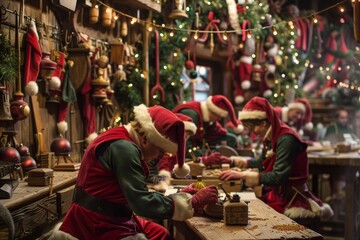 Elves Working Diligently in Santa's Workshop Preparing Toys and Gifts During the Festive Season