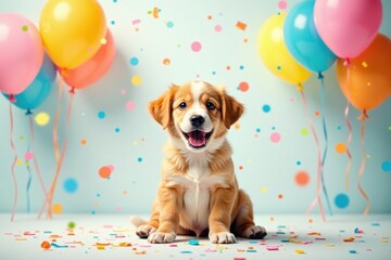 A cheerful puppy celebrates a joyous occasion amidst colorful balloons and confetti, symbolizing happiness and festivity.