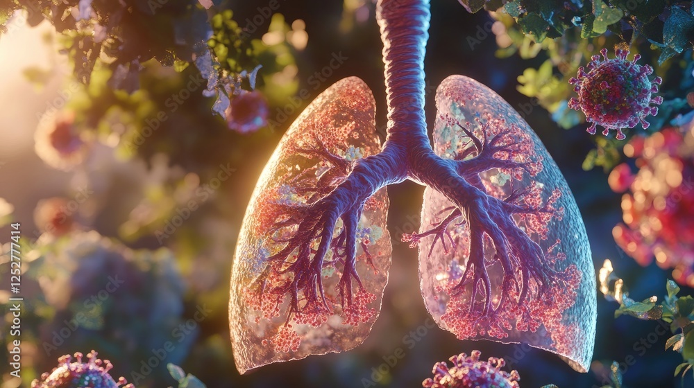 Aufkleber a 3d-rendered image of inflamed lungs with bacteria and viruses attacking airways.