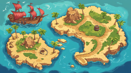 Pirate game map. Vector cartoon illustration of tropical islands with palm trees, old ship with scarlet sails, path to treasure chest. Pirate adventure route for navigation between gaming levels