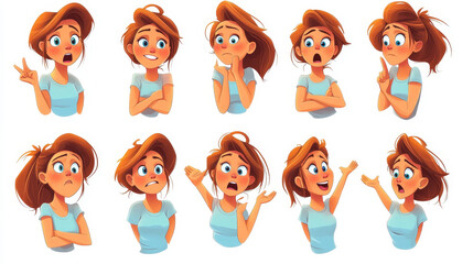 Fototapeta premium Young woman face with different emotions. Vector cartoon set of girl happy, cry, shy, angry, skeptic and surprise isolated on white background. Female character portraits